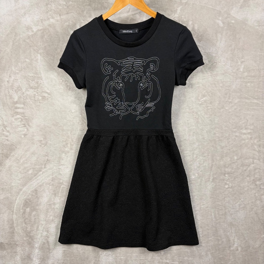 Folded & Hung Mini Dress Womens Size M Black Tiger Embroidered Mixed Media